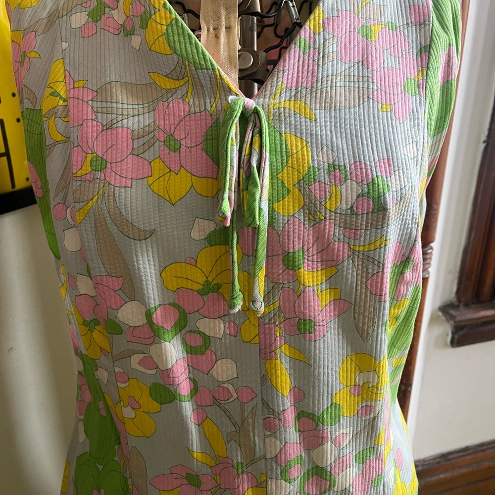 Vintage 60s Mod Psychedelic Floral Midi Dress - Green, Pink, Yellow - Picture 2 of 7